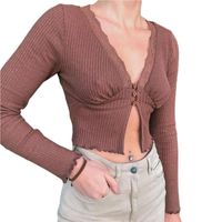 Kadın T-Shirt Kadınlar Seksi Uzun Kollu Derin V Boyun Örgü Bluz Split Hem Nervürlü Düğmeler Kırpma Üst