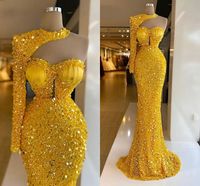 Luxo amarelo sereia vestidos de noite manga longa lantejoulas um ombro mulheres africanas vestidos de formatura festa desgaste