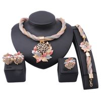 African Dubai Gold Color Leaves Crystal Necklace Earrings Ri...