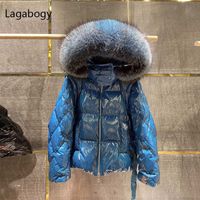 Lagabogy Top Quality Winter 90%White Duck Down Coat Huge Raccoon Fur Female Glossy Waterproof Parka Hooded Puffer Jacket 211015