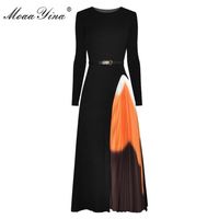 Moayina 패션 디자이너 드레스 봄 가을 여성의 드레스 싱 긴 소매 패치 워크 패치 워크 패치 워크 220208 뜨개질
