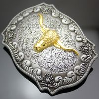 Pasy Western Vintage Posrebrzane Grawerowane Gold Horn Bull Belt Cinto Klamra Mężczyźni Biżuteria Wół Głowa Rodeo Kowbojska Skóra Tactical