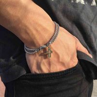 Double Strand Rolo Chain met Cross Charms Armband voor Mannen Stainls Steel Lobster Claw Clasp Sluiting