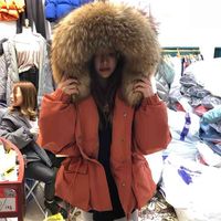 Janveny Huge Raccoon Fur Collar Hooded Short Female Winter Feather Down Coat Women 90% Duck Jacket Puffer Parka 210923