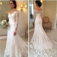 Lace Appliques Mermaid Wedding Dresses Off-Shoulder Long Sleeve Tulle Bride Gown