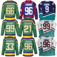 Mighty Ducks 저지 66 Gordon Bombay 96 Charlie Conway 99 Adam Banks 9 Paul Kariya Hockey Jerseys Mens Movie White Green Purple