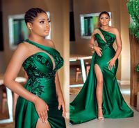 2021 Hunter Green One Shoudler Neckline Evening Dresses High Side Split Long Sweep Vestidos De Fiesta Arabic Aso Ebi Prom Dress