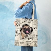 Vintage Newspaper Style Canvas Shoulder Bag Women Girls Cute Dog Printed Shopper Tote Bag Durable Beach Shopping Cloth Handbag