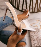 Yaz Sivri Peep Toe kadın Sandalet Şeffaf Stiletto Yüksek Topuklu Beyaz Temizle Kadın Terlik Artı Boyutu 35-42 Kadın Ayakkabı