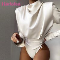Damen Jumpsuits Strampler Karlofea Büro Lady Seidige Elegante Bodysuit Frauen Split Sleeve Bluse Top Solid White Sexy Kurze Overall 2021 s