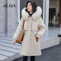 Women's Down & Parkas Women Winter Warm Lamb Wool Lining Puffer Jacket Female Hooded Faux Fur Collar Long Coat Korean Fashion Outwear