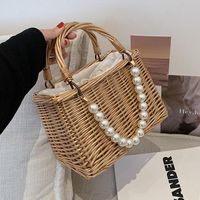 Evening Bags Square Woven Straw For Women Summer Pearl Chain...