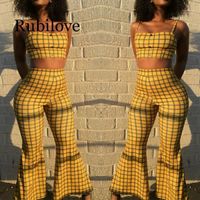 Rubilove 2021 Summer 2 Piece Sets Women Sexy Yellow Plaid Tracksuit England Style Crop Top And High Waist Flare Pants Women's Tracksuits