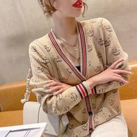 Moda Kazak Örmek Hırka Tees kadın Gevşek V Yaka Uzun Kollu Mektup Ceket Kadın Kazak Marka Yün Mektuplar Bluz Nakış Kazak Boyutu S-3XL
