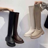 2021 Autumn Women Soft Leather Knee High Boots Thick Bottom Woman Long Fashion Waterproof Round Toe Plush Footwear
