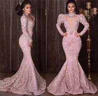 Арабский полный кружева вечерние платья русалки с длинными рукавами Высокая шея старинные детские розовые формальные платья Proom Vestidos de Gala Bridal Party