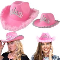 Pink Tiara Western Style Cowgirl Sombreros para mujer Muchacha Rodado Fedora Caps Feather Edge Beach Cowboy Hat Sombrero Lentejuela Fiesta Occidental Cap