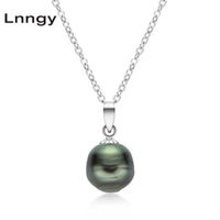 18K Solid Gold Necklace 8-8.5mm Tahitian Spiral Black Pearl Semi-baroque Pendant Women Anniversary Gifts with Silver Chain 210628