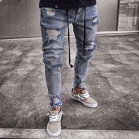 Moda erkek Yırtık Sıska Biker Delik Fermuar Jeans 2021 Yıkılan Yıpranmış Slim Fit Denim Uzun Pantolon1