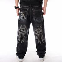 QNPQYX Men street dance hiphop Jeans Fashion embroidery Blac...