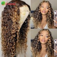 Alinana 13x4 Lace Frontal Wig Ombre Höjdpunkter Blond Färg Deep Curly Human Hair Wigs 180% Densitet Bouncy Curls för svarta kvinnor