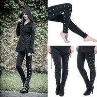 Pantaloni da donna Capris Y2K Donne Gothic Punk Fashion Side allaccia su leggings Nero Skinny High Waist Slim Fit Pans Pans Streetwear #4