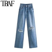 TRAF Women Chic Fashion Ripped Hole Wide Leg Jeans Vintage High Waist Zipper Fly Denim Pants Female Trousers Mujer 220121