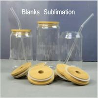 US Stock Sublimation Glass Beer Mugs with Bamboo Lid Straw DIY Blanks Frosted Clear Can Tumblers Cups Heat Transfer 15oz Cocktail Iced Coffee Soda Glasses C0114