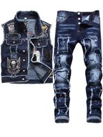 2021 NUOVO TRACKSUITTI BLUE UOMINI A 2 pezzi Set Fashion Slim Casual Ricamo Skull Denim Vest + Patch frastagliato Patch Jeans Stretch Jeans congiuntos de Hombres