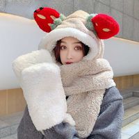 Guantes de bufanda de sombrero de cachemira de invierno tres en una protección de la oreja con espesas de felpa integrada de la moda térmica S para las mujeres