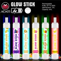 Original Aokit Glow Stick Dispositif de Pod jetable Kit E-Cigarettes RGB Lumière Lumière 2600 Puffs Batterie rechargeable 8ml Prérigé Barre de Vape plus 100% authentique