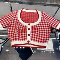 Damenstricke T-Shirts 2021 Frühling Miu Kurzärmeliger Pullover Red Plaid Slim Kurzer süßer Strick Top Cardigan Frauen