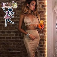 Women's Tracksuits FLODISS Sexy Sparkly Bodycon Bandage Dress 2021 Halter Deep V-Neck Lace Up Crop Top 2 Two Piece Set Summer Party Club Ves