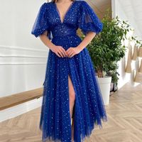 Party Dresses Weiyin AE0782 Prom Dress Royal Blue V-Neck Puff Sleeves Celebrate A-Line Pleated Draped Sequined Dubai Evening