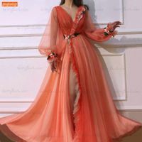 Robe de la fête Vol à col en V robe de bal orange manches longues 2021 Robe de Bal Femme Femme Custom Tulle Vestido Festa Longo
