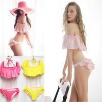 Senhoras Verão Ruffle Biquini Conjunto Dois Peças Separados Ruched Swimsuit com Floutes's Swimwear Bandeau Volantes Rosa