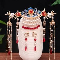 Chinese Ethnic Style Antique Tassel Comb Headdress Bridal Dress Red Crown Earrings Wedding Party Jewelry Hair Clips & Barrettes