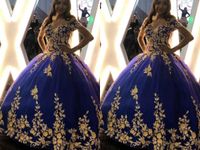 2022 Gold 3D Blumenblumen Royal Blue Quinceanera Prom Formale Kleider mexikanisch Charro XV Sweet 15 16 Anos aus dem Schulter Ballkleid Korsett Back Tüll Spitze