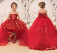 Güzel Kırmızı Balo Çiçek Kız Elbise Düğünler Için Sırf Mücevher Boyun Dantel Kızlar Örgün Çocuklar İlk Communion Abiye Giymek PAGEANT Parti Elbise ile Ayrılabilir Tren
