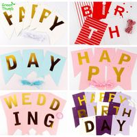 Party Decoration 1pc Happy Birthday Wedding Stamping Swallowtail Flag Banner White Black Pink Red Purple Blue For