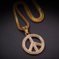 Pendant Necklaces Hip Hop Rhinestones Paved Bling Iced Out Gold Color Stainless Steel Peace Symbol Pendants Necklace For Men Jewelry Drop