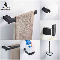 Matte black Stainless Steel 304 Towel Ring Robe Hook Toilet Brush Holder Towel Bar Bathroom Accessories Set Paper Holder 610000R 220117
