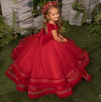 2022 Noel Prenses Pageant Törenlerinde Yay Backless Çiçek Kız 'Elbiseler Boncuklu Kısa Kollu Çocuklar Örgün Düğün Parti Giyim