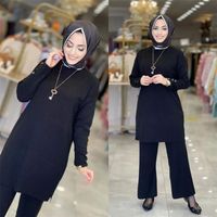 Etnische kleding Moslimvrouwenpakken Trui Tops Broek Elastische Set 2 Stuks Abayas Islamitische Kaftan Solid Color Winter Casual gebreid