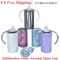 Local Warehouse! 12oz Sublimation Straight Sippy Cup Glitter Tumbler Subliamtion Baby Cup Barn Tumbler Rostfritt Stål Tumbler med Handtag Sucker Cup Två Lock !!!