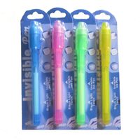 Pacote de cartão de blister individual para cada caneta UV de caneta de luz preta com luz ultra violeta caneta invisível canetas invisíveis 4 cores