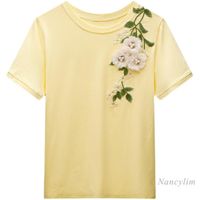 El yapımı Nakış Çiçek Kırpılmış T Gömlek Kadınlar Yuvarlak Yaka Sarı T-Shirt Kadın 2021 Yaz Kısa Kollu Tops Nancylim Bayan T-Shirt