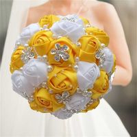 Yellow Royal Blue Wedding Bouquets With Crystal Bridal Bridesmaid Artificial Satin Roses Bride Flowers 211120