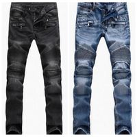 Мужские огорченные разорванные джинсы скинни мода мужская тонкий мотоцикл мото байкер причинно-джинсовый хип-хоп мужские брюки