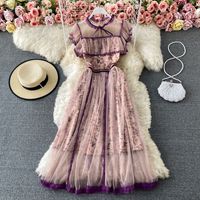 2021 Элегантный Розовый Сексуальный V-образным вырезом клубничный сетка лоскутная плиссированная с длинным рукавом 2021 женские платья летние богемные оборками шифон Maxi платье дизайнерское платье